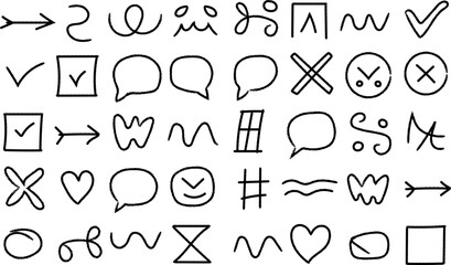 Hand drawn doodles and symbols on white background creative set