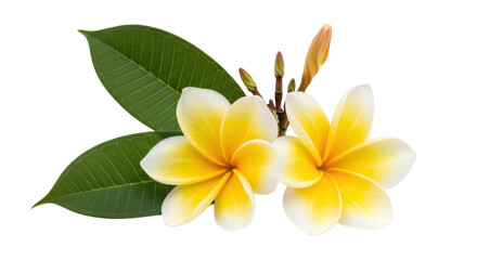 Isolated frangipani flowers and leaves with buds, tropical floral arrangement