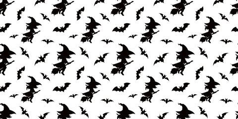Seamless Halloween pattern with black silhouettes of flying witches on broomsticks and bats