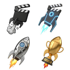 Four stylized rocket designs, including a clapperboard, a futuristic illuminated version, a metallic one, and a trophy-shaped rocket.