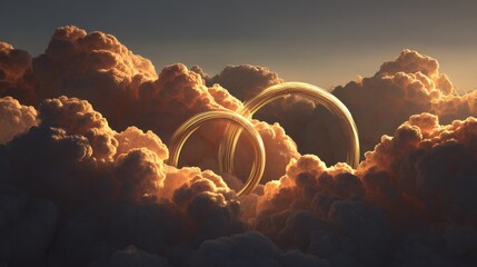 Luminous Golden Orbs Nestled in Voluminous, Ethereal Sunset Cloudscape.