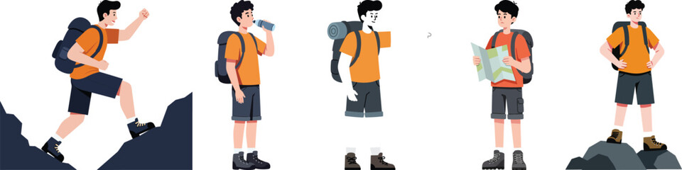 Dynamic illustrations of enthusiastic hikers exploring nature, enjoying active outdoor adventures and trekking trails