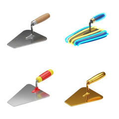 Four different stylized trowels, each with a unique handle and blade design, isolated on white.