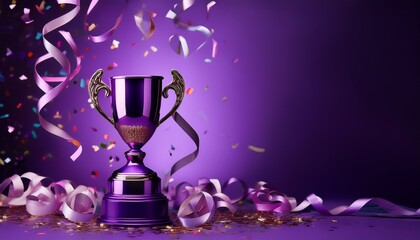 purple trophy with confetti and ribbons on a dark purple background