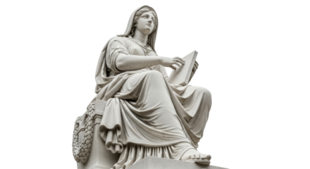 Isolated statue of a woman holding a book, symbolic of wisdom and knowledge