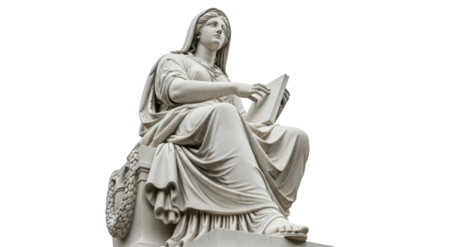 Isolated statue of a woman holding a book, symbolic of wisdom and knowledge