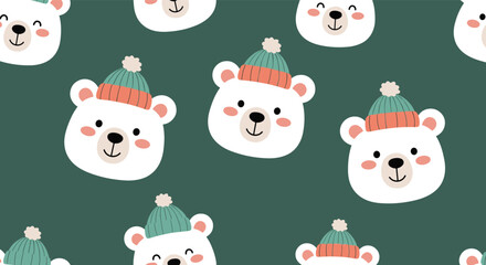 Cute polar bears wearing winter hats pattern design.