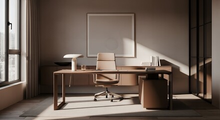 CEO's Vision: Minimalist Home Office with Muted Tones and Natural Sunlight
