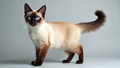 Elegant balinese cat portrait on light backdrop. Beautiful purebred siamese breed with blue eyes looks at camera. Graceful feline with soft fur is a domestic animal pet.