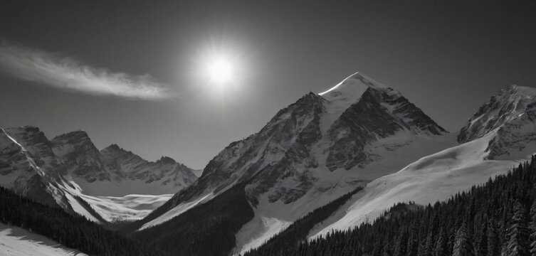 There is a black and white photo of snow covered mountain range motion elements style emotion figure illustration depth frame design creative expression movement cartoonish composition - Powered by Adobe