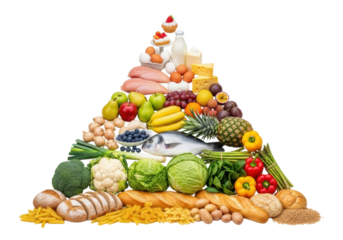 Meticulously arranged photorealistic food pyramid, high-key studio shot of fresh bread, pasta, vegetables, fruits, chicken, fish, eggs, dairy, and a pastry, on white, concept of healthy eating and