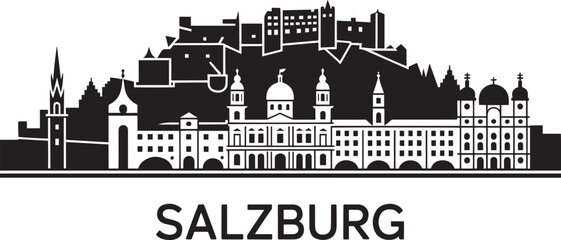 Salzburg Skyline Silhouette Austria Capital City Buildings Flat Design Vector Illustration