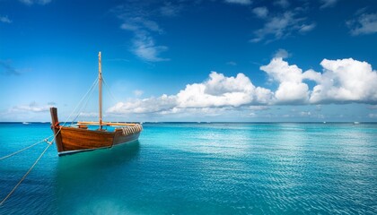 wooden boat on calm sea beneath a bright sky filled with fluffy clouds for hawaii statehood day