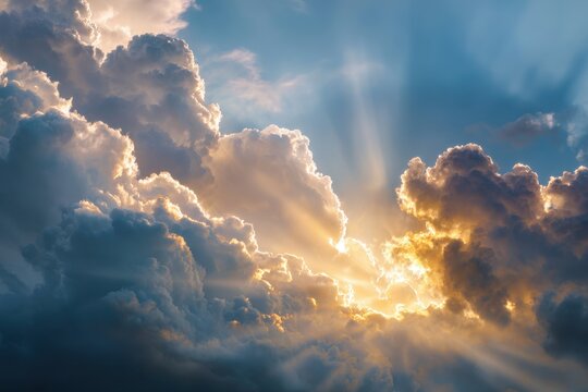 Majestic Sunbeams Pierce Dramatic Cumulus Clouds, Illuminating Sky with Golden Light. - Powered by Adobe