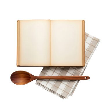 Open vintage cookbook, blank pages, checkered kitchen towel, dark wooden spoon. Flat lay on transparent background, ample copy space, soft studio light, home cooking simplicity.