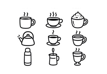 Variety of coffee and tea cup icons in black and white line art