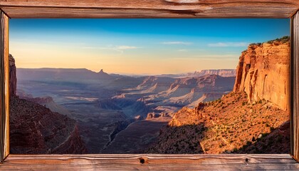 majestic canyon vista at dawn framed by rustic wooden window view for public lands day