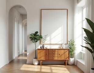 Modern minimalist hallway with wooden console table, blank white picture frame, potted plants, natural sunlight, white walls with archway door. Wooden floor, vases on table, home decor, nobody,