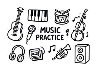 Obraz premium Collection of musical instruments for practice including guitar, drum, violin, and trumpet