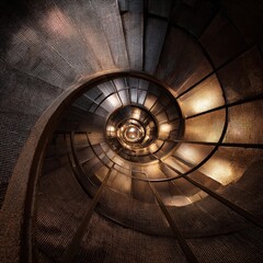Mesmerizing Spiral Staircase Ascending into Golden Light, Architectural Wonder.