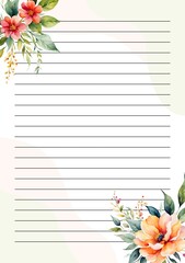 Elegant B5 binder paper template with lined layout and watercolor floral decoration, perfect for stationery, notes, or journaling.