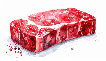 霜降り牛ステーキ肉の水彩イラスト – Watercolor Illustration of Raw Beef Steak with Marbling