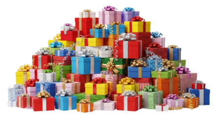 Large, vibrant pile of diverse wrapped gift boxes in bright red, yellow, blue, green, orange, pink with ribbons and bows, isolated on a transparent background, commercial product photography concept