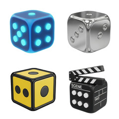 Four 3D rendered objects: blue, silver, yellow dice and a black clapperboard, isolated on white.