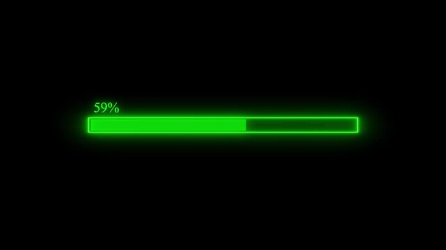 Abstract neon loading icon animation. Futuristic progress loading bar 0-100 percent. Green color uploading and downloading symbol on black background, 4k video.