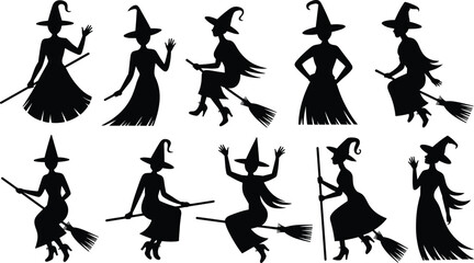 Halloween witch silhouette collection, flying broomstick, spooky character, magical costume, fantasy artwork, enchanted illustration, mystery, gothic design, scary, sorcery, festival