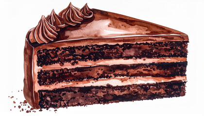 濃厚なチョコレートケーキの一切れの水彩イラスト – Watercolor Illustration of a Rich Chocolate Cake Slice