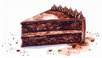 濃厚なチョコレートケーキの一切れの水彩イラスト – Watercolor Illustration of a Rich Chocolate Cake Slice