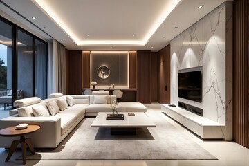 Modern living room with white sofa, coffee table, and large window.