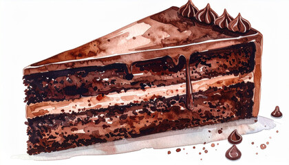 濃厚なチョコレートケーキの一切れの水彩イラスト – Watercolor Illustration of a Rich Chocolate Cake Slice