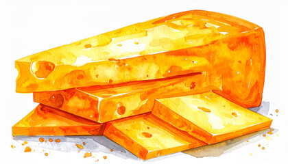 スライスを重ねたチェダーチーズの水彩イラスト – Watercolor Illustration of Cheddar Cheese Block with Stacked Slices