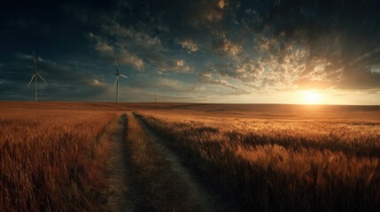 Wheat Field with Dirt Road and Wind Turbines at Sunset