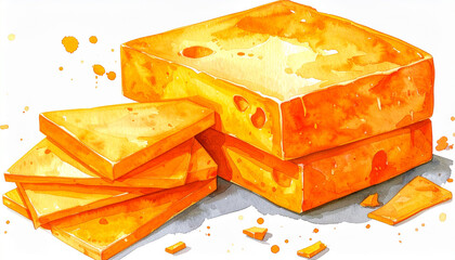 スライスを重ねたチェダーチーズの水彩イラスト – Watercolor Illustration of Cheddar Cheese Block with Stacked Slices