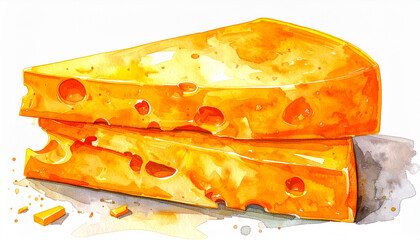 スライスを重ねたチェダーチーズの水彩イラスト – Watercolor Illustration of Cheddar Cheese Block with Stacked Slices