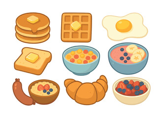 Colorful breakfast assortment: pancakes, waffle, toast, egg, cereal, porridge, croissant, fruit bowl, sausage