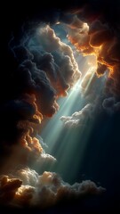 A breathtaking celestial spectacle unfolds as dramatic, swirling clouds part to reveal a powerful, ethereal beam of light piercing through the heavens, symbolizing hope and divine presence