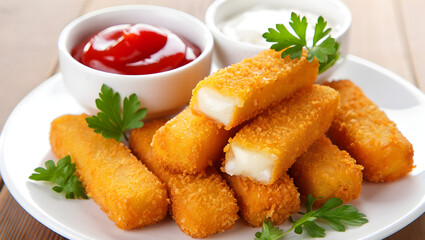 Crispy golden fish sticks served with ketchup and tartar sauce and garnish