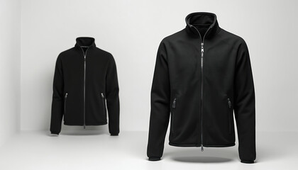 Black zip up fleece jacket with stand up collar, side pockets on white background. Two identical jackets displayed. Front, back views of menswear clothing. Fashion apparel for casual wear. Isolated