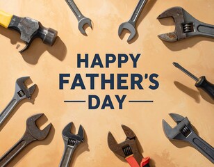 A creative Father's Day card design featuring tools like a hammer, wrench, and screwdriver arranged around the bold text "Happy Father's Day." Perfect for Father's Day celebrations, for craftspeople,