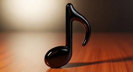 Sleek black musical eighth note sculpture gleams under soft spotlight on polished wood surface