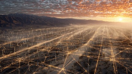 Wind Farm with Illuminated Grid at Sunset