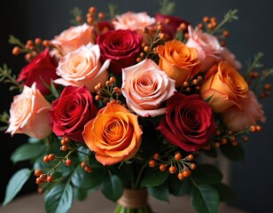 Obraz premium Roses bouquet in autumn colors is in the vase. Floral festive decor with orange red vibrant flowers for holidays and celebrations. Gift for anniversary or wedding event.