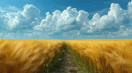 Wheat field with path and clouds