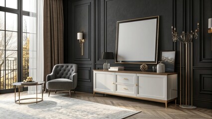 Modern Living Room with Mockup Frame on Cabinet against Dark Wall &ndash; 3D Render - 6