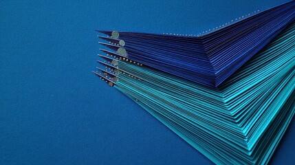 Abstract Quilling Art Concept. Stacked sheets of paper on a textured blue background.