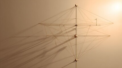 Complex, light beige structure with intricate, golden rods and shadows